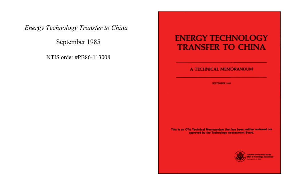 Energy Technology Transfer to China (September 1985)