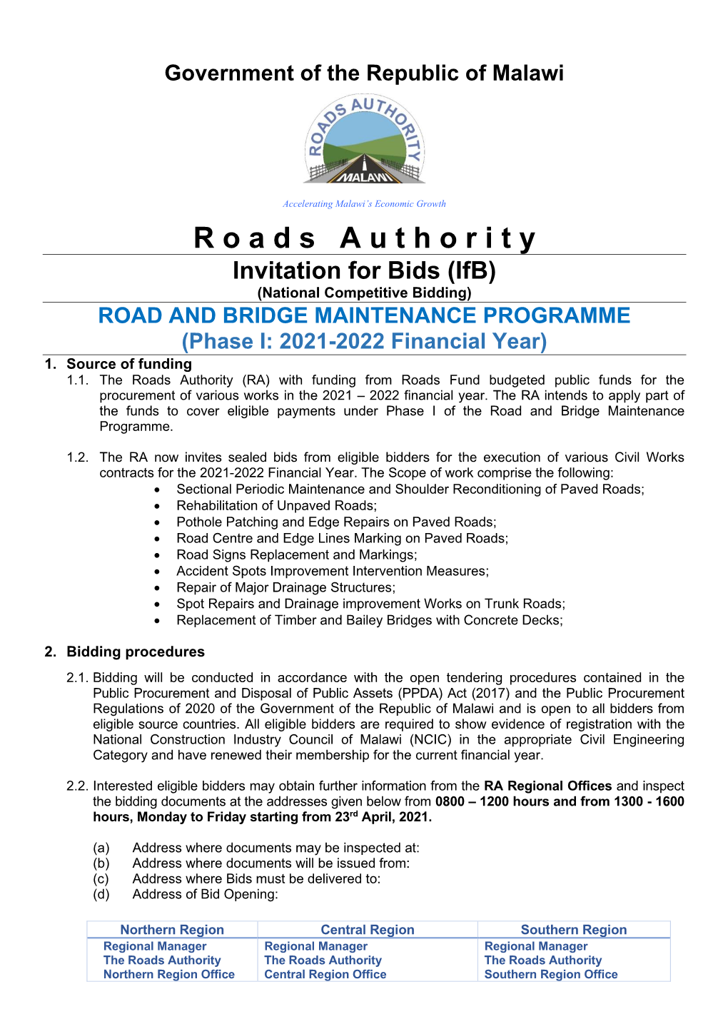 Advert for Phase I 2021-2022 Road and Bridge