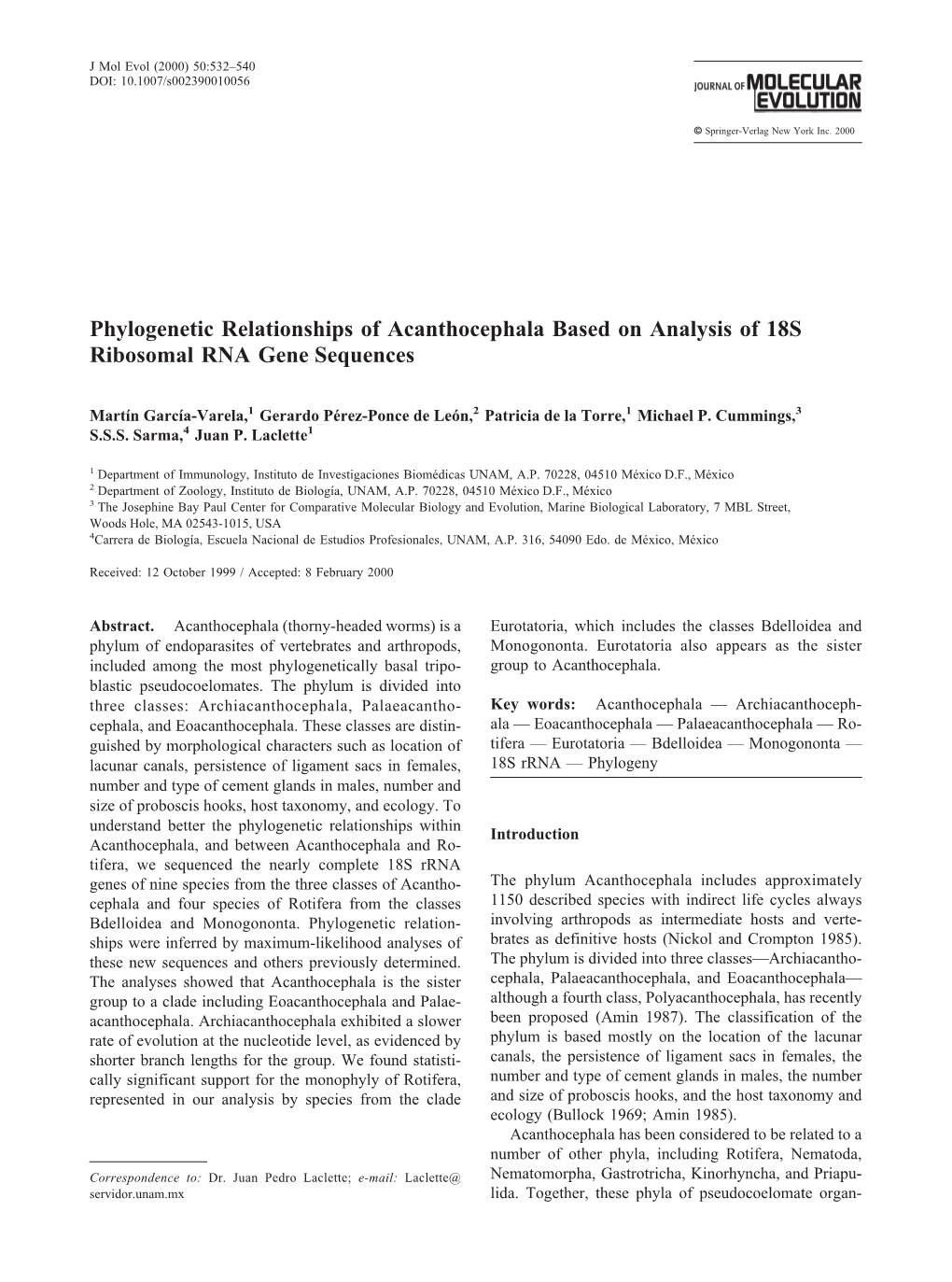 Phylogenetic Relationships of Acanthocephala Based on Analysis of 18S Ribosomal RNA Gene Sequences