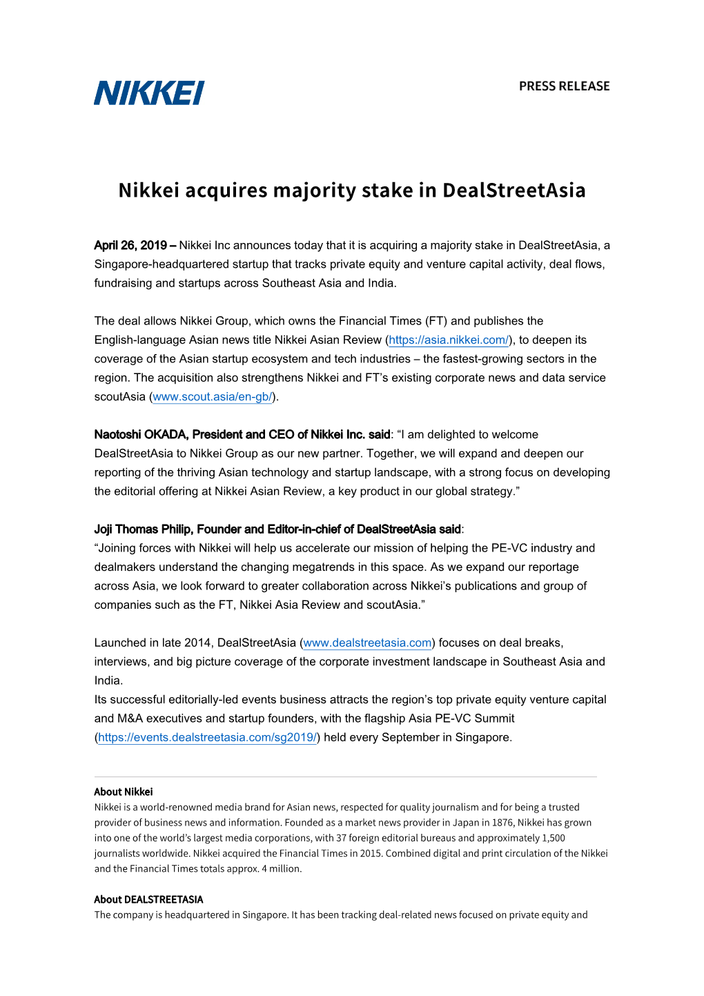 Nikkei Acquires Majority Stake in Dealstreetasia