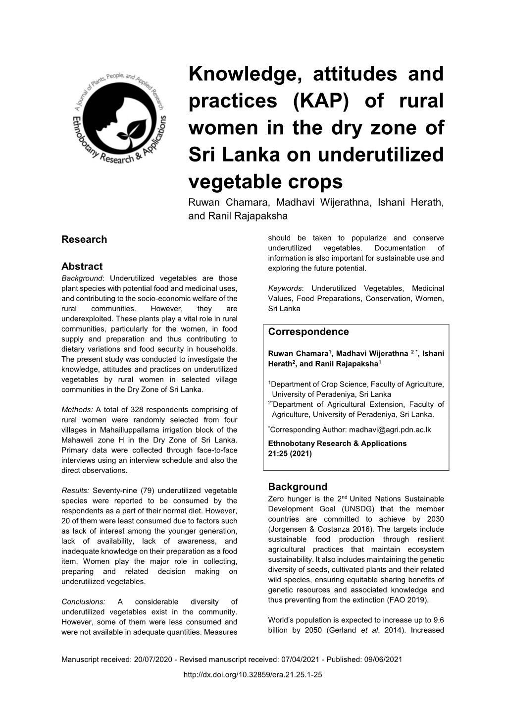 Knowledge, Attitudes and Practices (KAP) of Rural Women in the Dry Zone of Sri Lanka on Underutilized Vegetable Crops