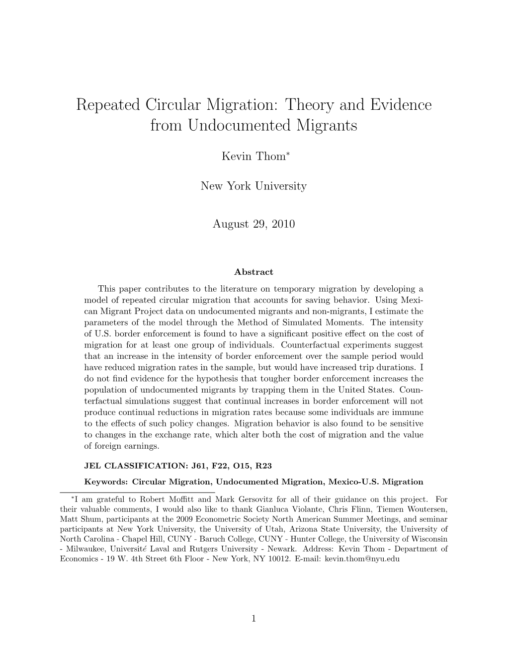 Repeated Circular Migration: Theory and Evidence from Undocumented Migrants