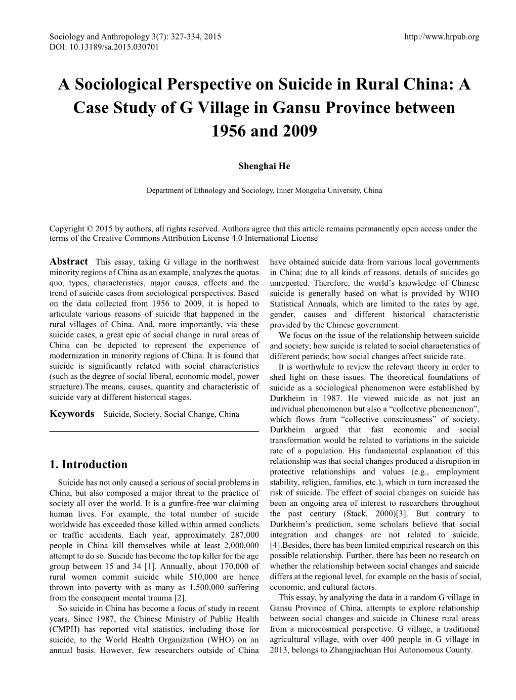 A Sociological Perspective on Suicide in Rural China: a Case Study of G Village in Gansu Province Between 1956 and 2009