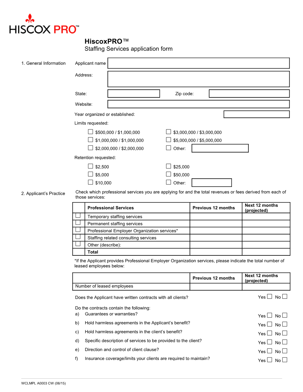 Hiscoxpro Staffing Services Application Form