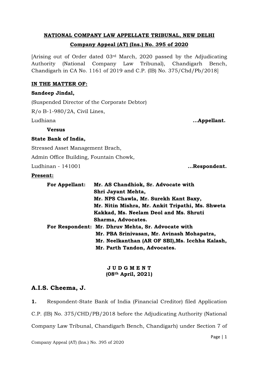 NATIONAL COMPANY LAW APPELLATE TRIBUNAL, NEW DELHI Company Appeal (AT) (Ins.) No