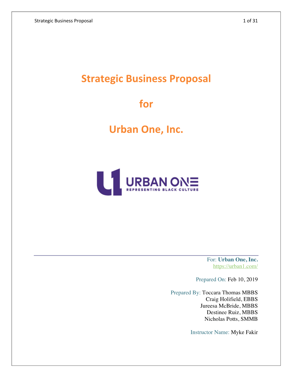 Strategic Business Proposal for Urban One, Inc