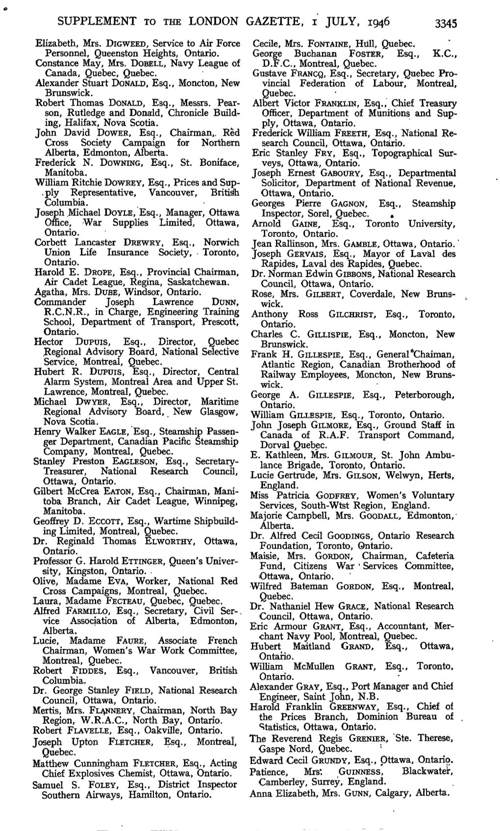 SUPPLEMENT to the LONDON GAZETTE, I JULY, 1946 3345 Elizabeth, Mrs