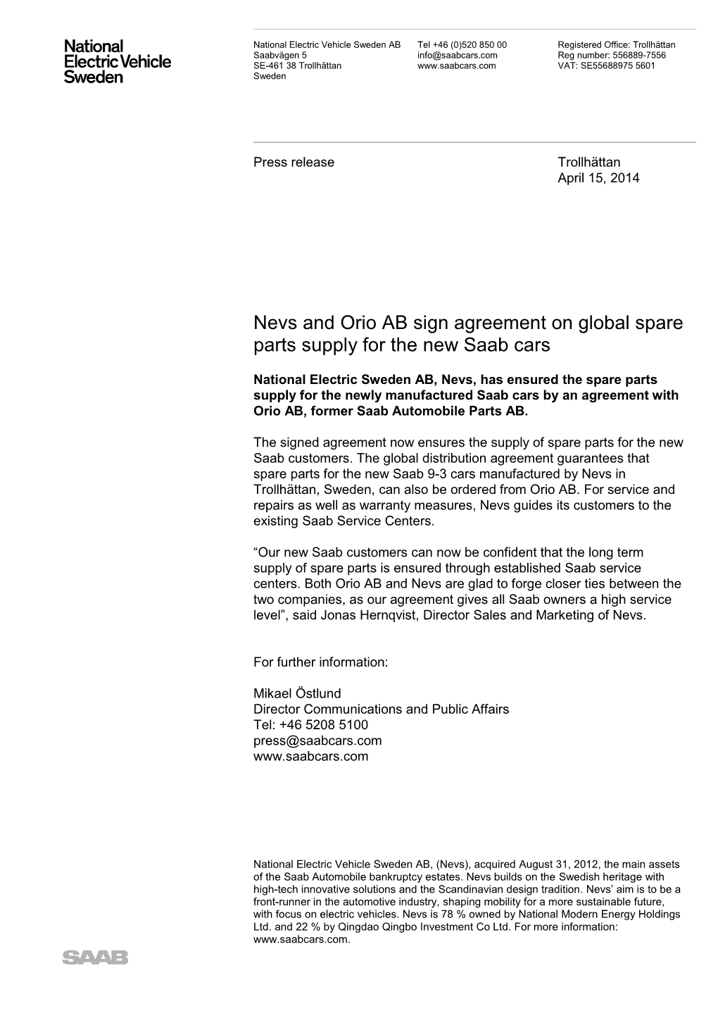 Nevs and Orio AB Sign Agreement on Global Spare Parts Supply for the New Saab Cars