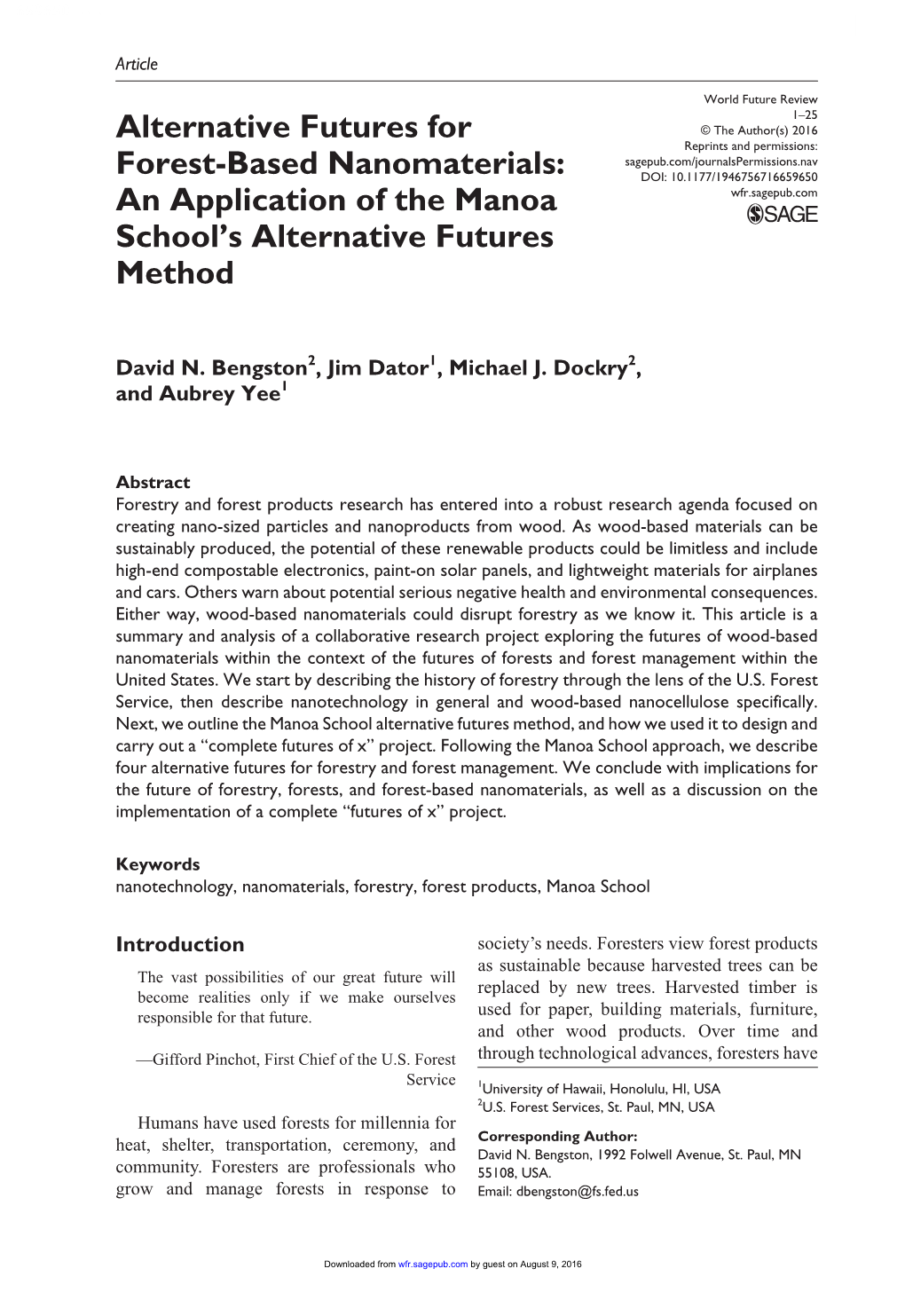 Alternative Futures for Forest-Based Nanomaterials