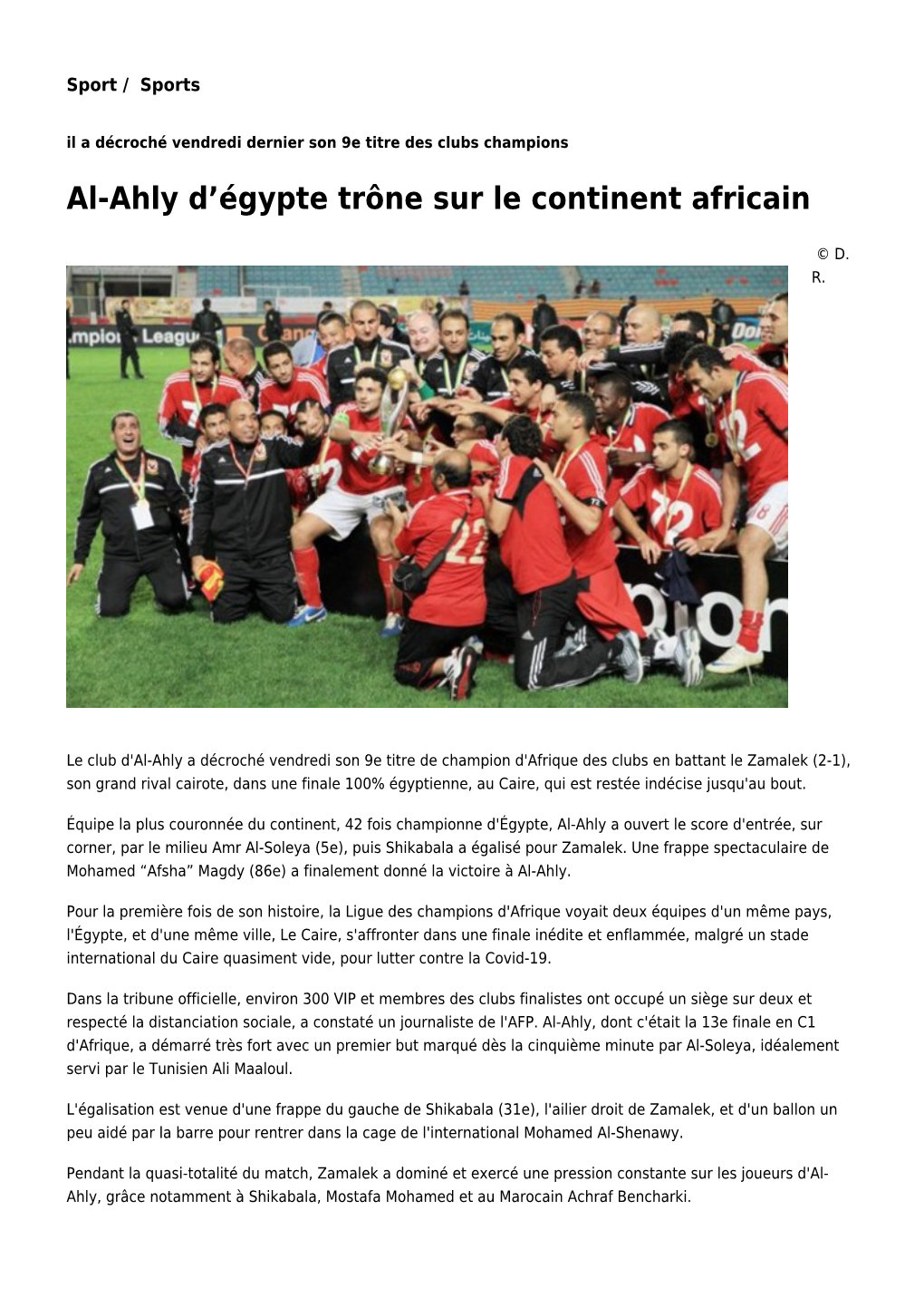 Al-Ahly D'égypte Trône Sur Le Continent Africain