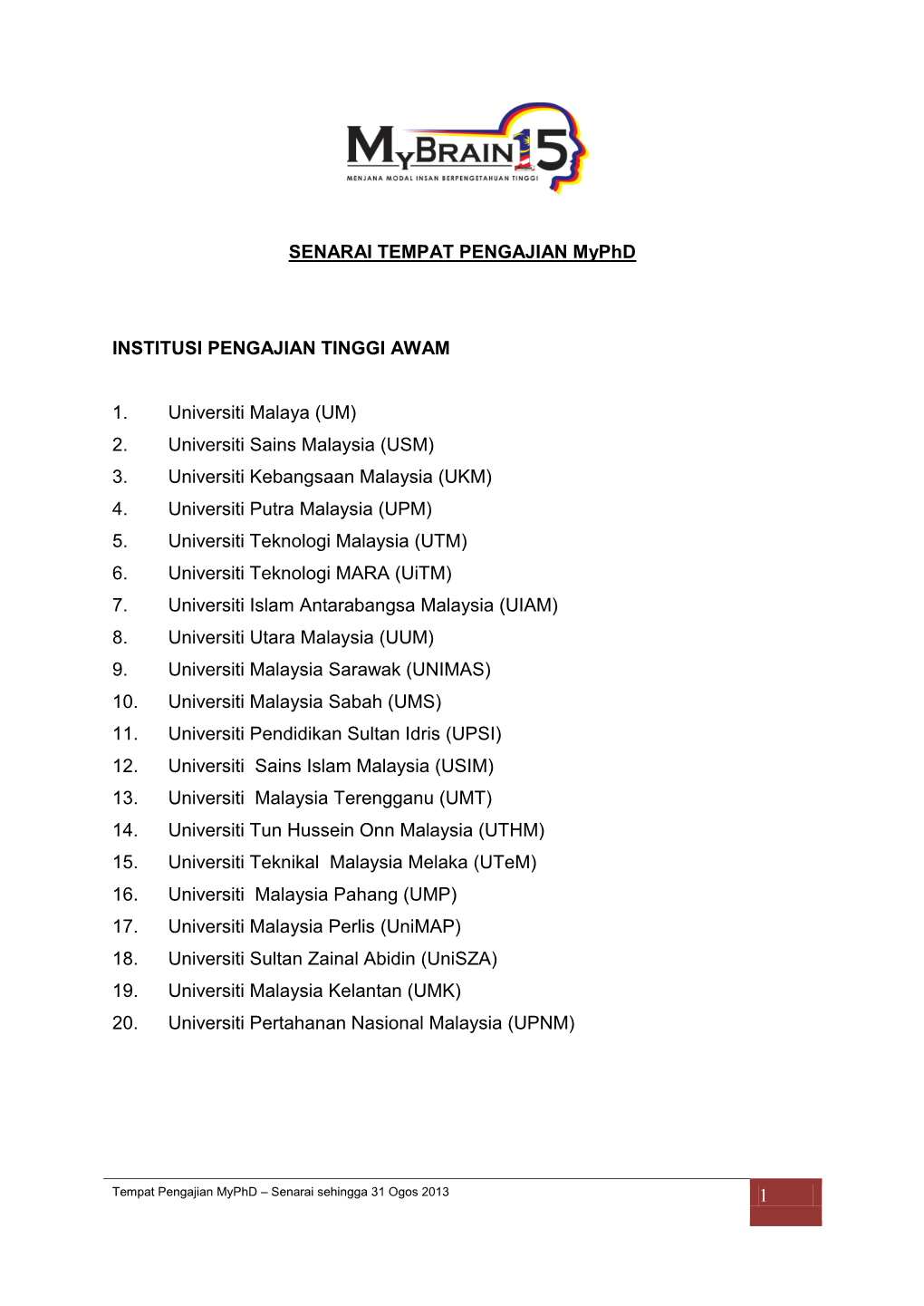 SENARAI TEMPAT PENGAJIAN Myphd