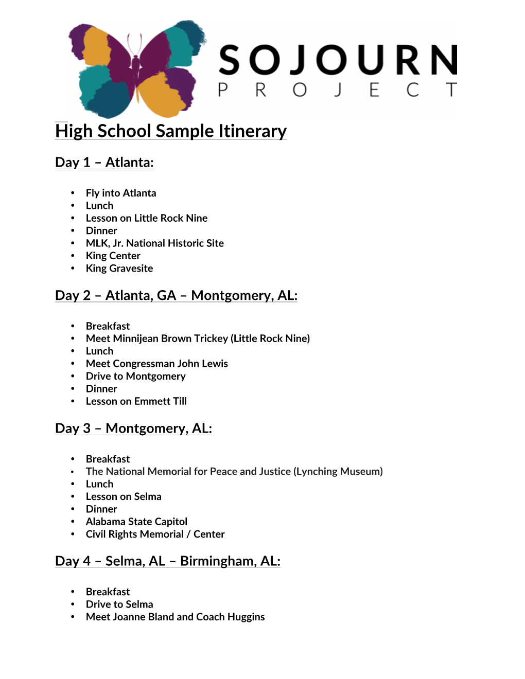 High School Sample Itinerary