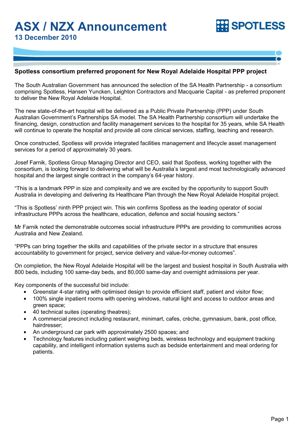Spotless Consortium Preferred Proponent for New Royal Adelaide Hospital PPP Project