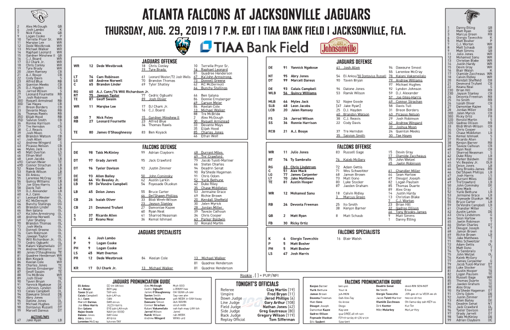 ATLANTA FALCONS at JACKSONVILLE JAGUARS 2 Alex Mcgough QB 1 Danny Etling QB 4 Josh Lambo K 2 Matt Ryan QB 7 Nick Foles QB THURSDAY, AUG