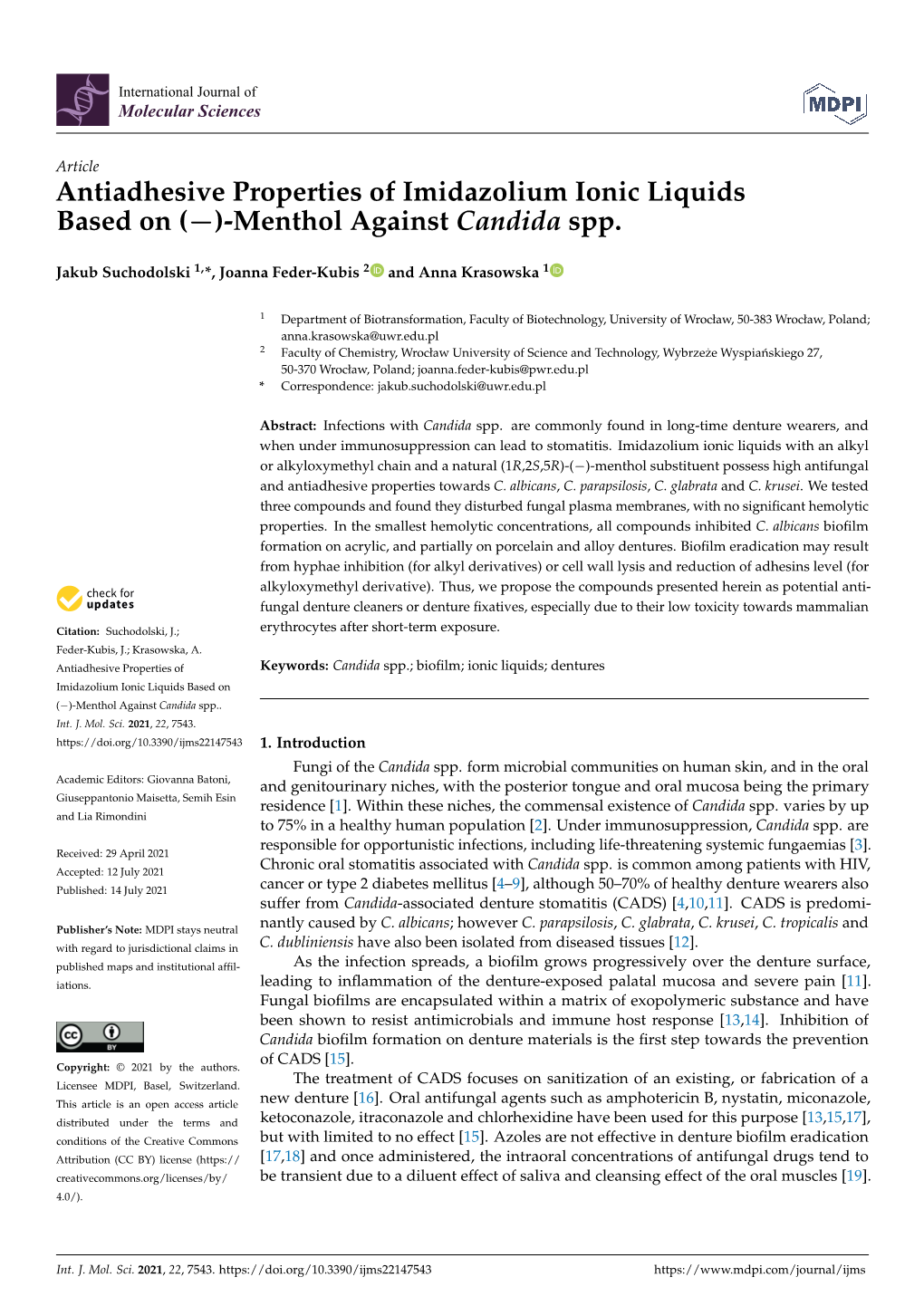 Antiadhesive Properties of Imidazolium Ionic Liquids Based on (−)-Menthol Against Candida Spp