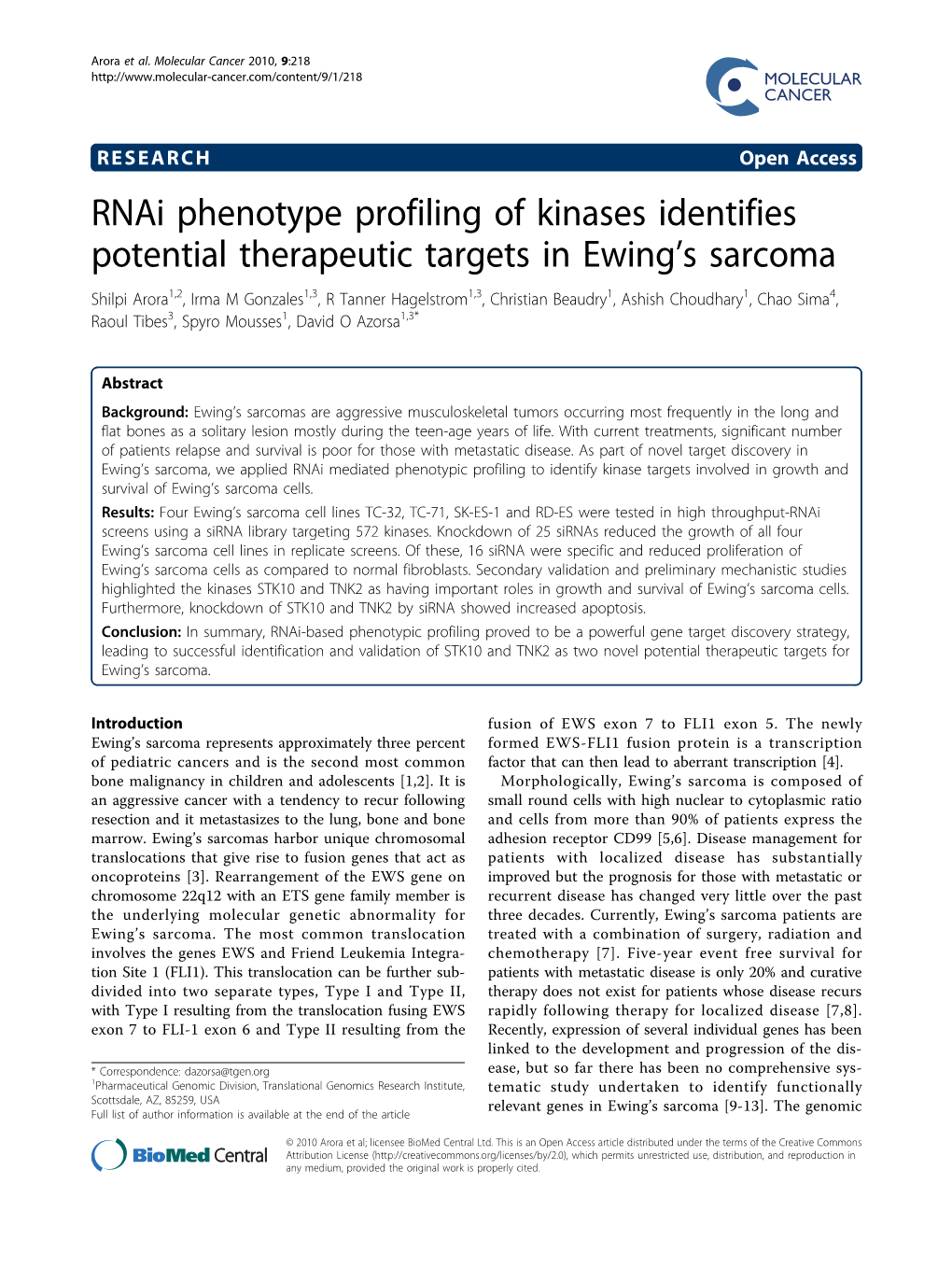 Rnai Phenotype Profiling of Kinases Identifies Potential Therapeutic