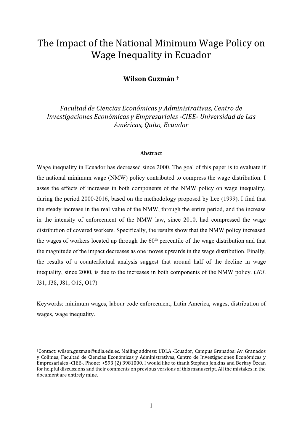 The Impact of the NMW on Wage Inequality in Ecuador