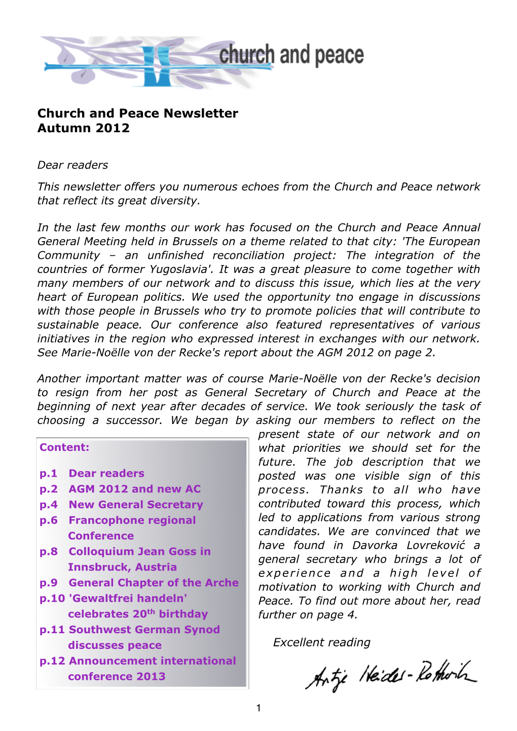 Church and Peace Newsletter Autumn 2012