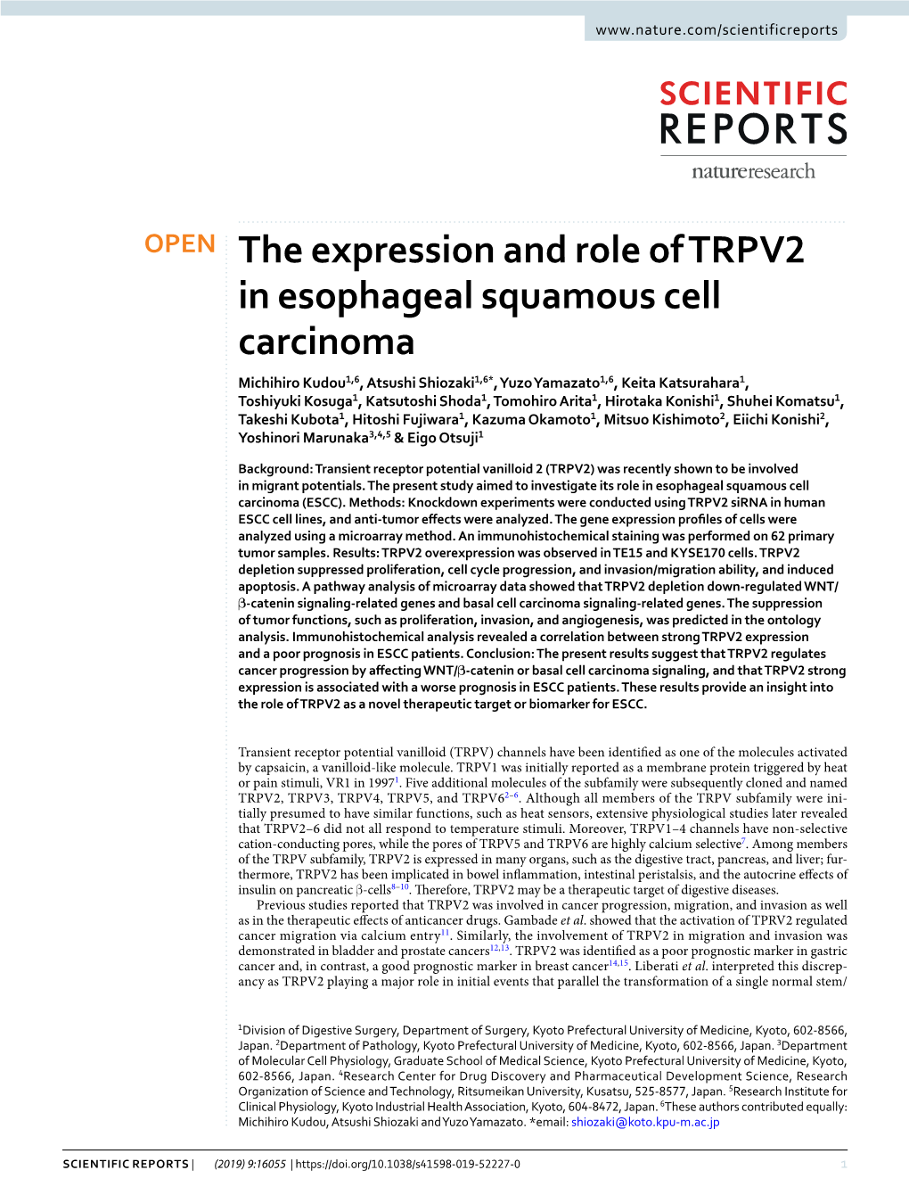 The Expression and Role of TRPV2 in Esophageal Squamous Cell Carcinoma