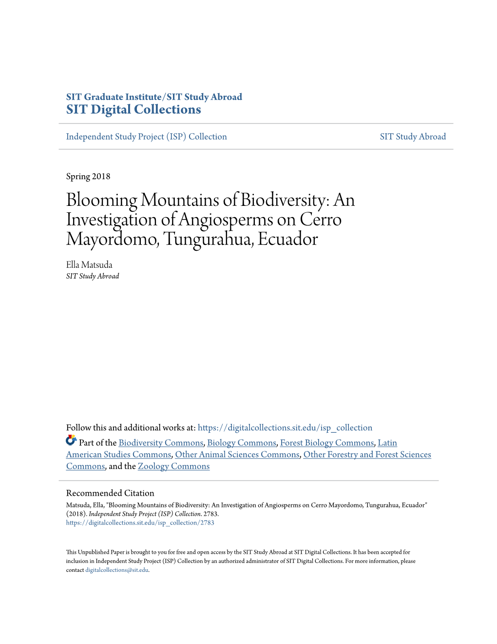 An Investigation of Angiosperms on Cerro Mayordomo, Tungurahua, Ecuador Ella Matsuda SIT Study Abroad