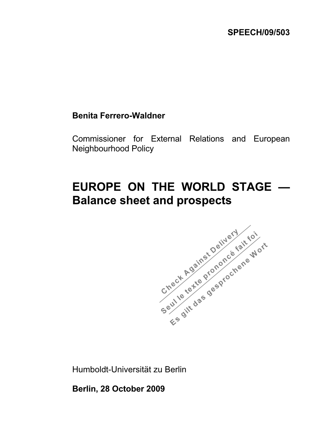 EUROPE on the WORLD STAGE — Balance Sheet and Prospects