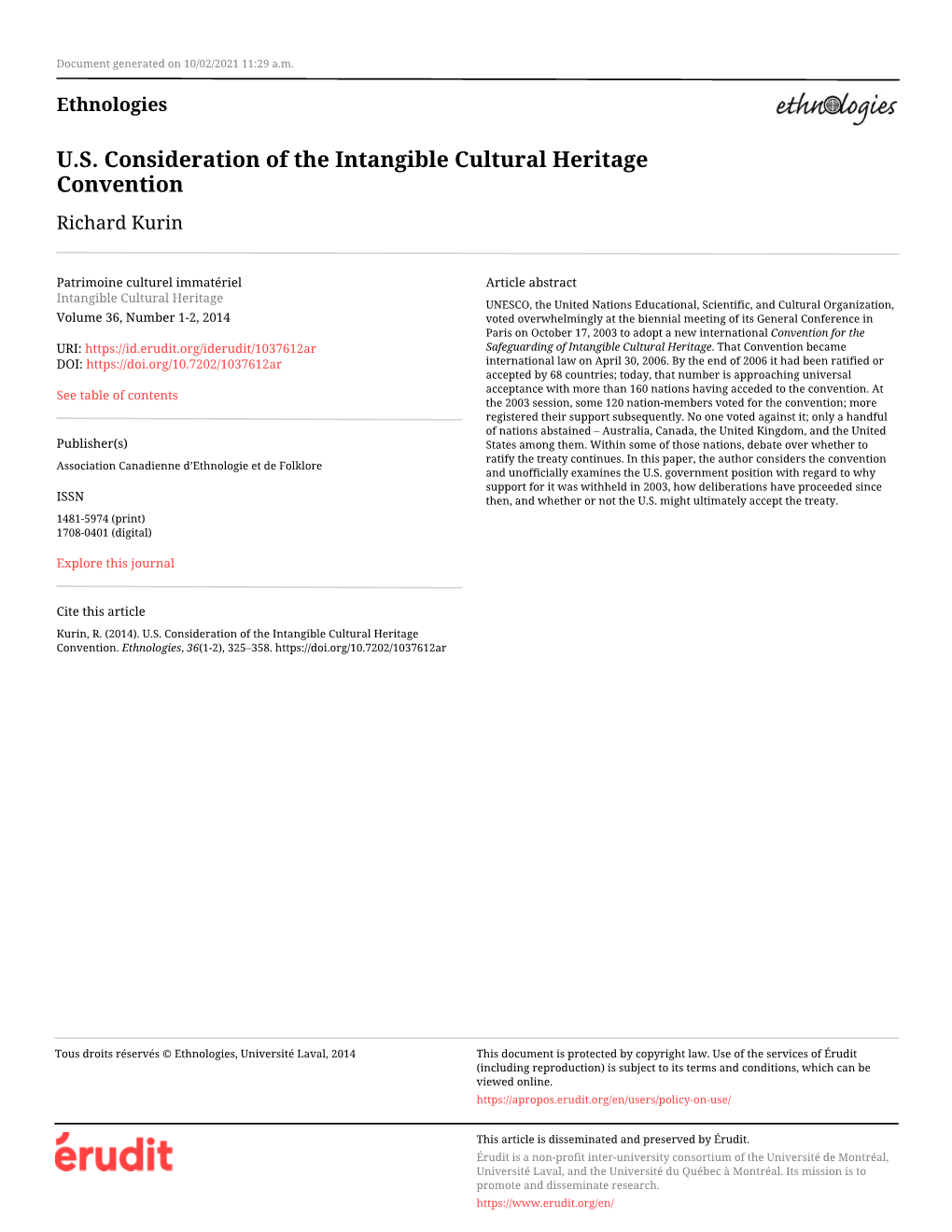 U.S. Consideration of the Intangible Cultural Heritage Convention Richard Kurin