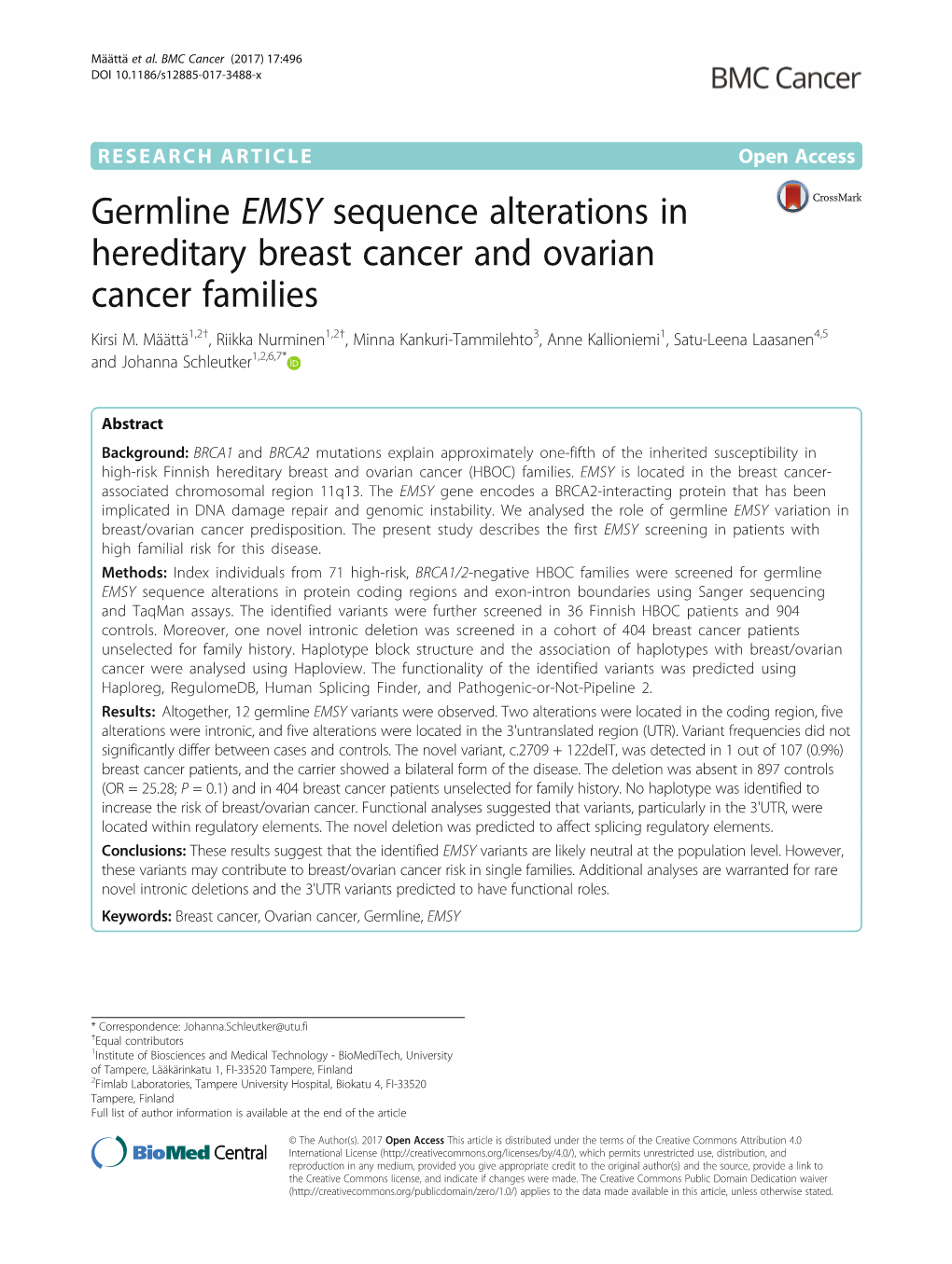 Germline EMSY Sequence Alterations in Hereditary Breast Cancer and Ovarian Cancer Families Kirsi M