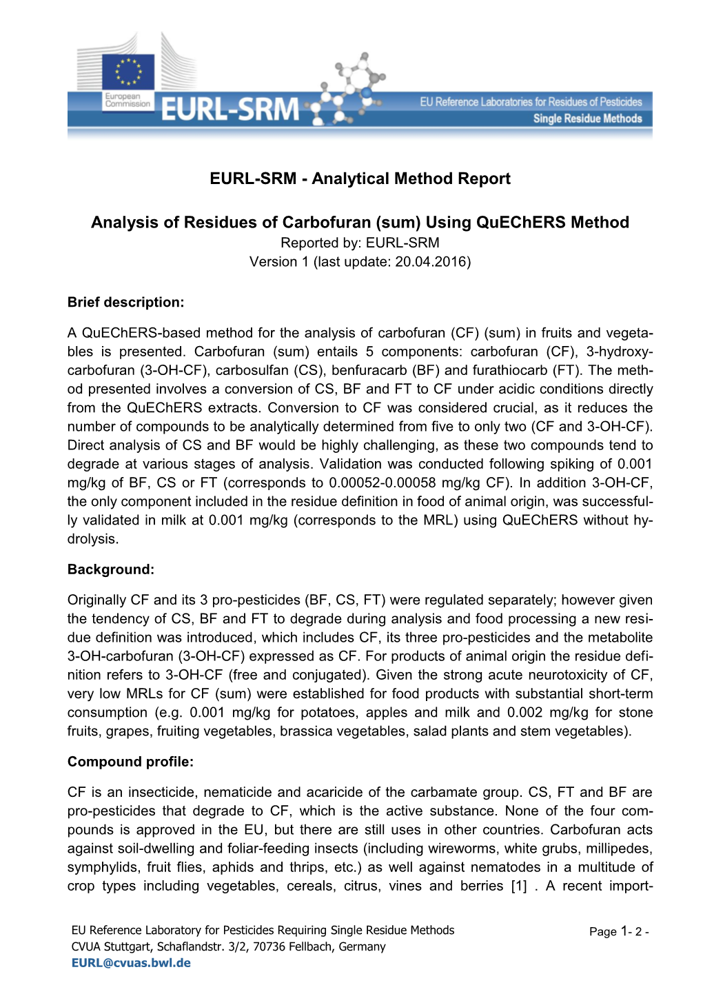 Analytical Method Report Analysis of Residues of Carbofuran (Sum)