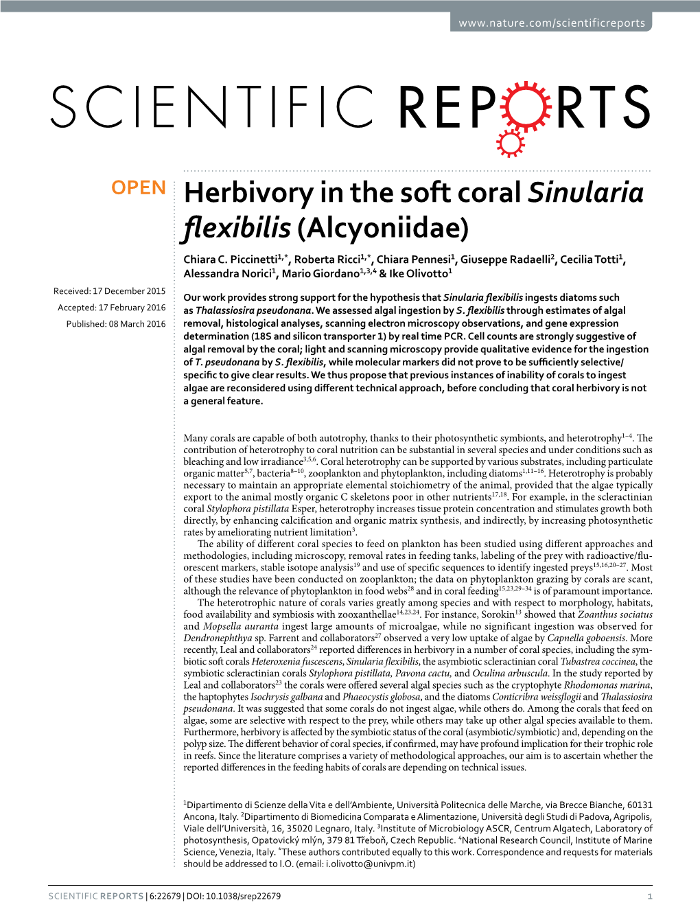 Herbivory in the Soft Coral Sinularia Flexibilis (Alcyoniidae) Chiara C