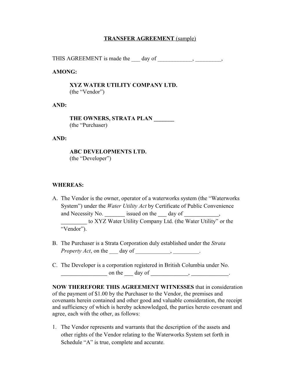 TRANSFER AGREEMENT (Sample)