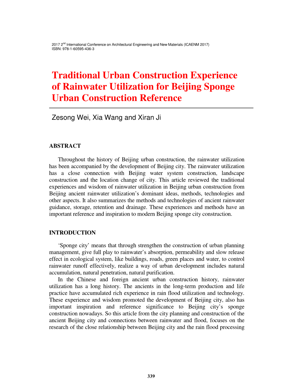 Traditional Urban Construction Experience of Rainwater Utilization for Beijing Sponge