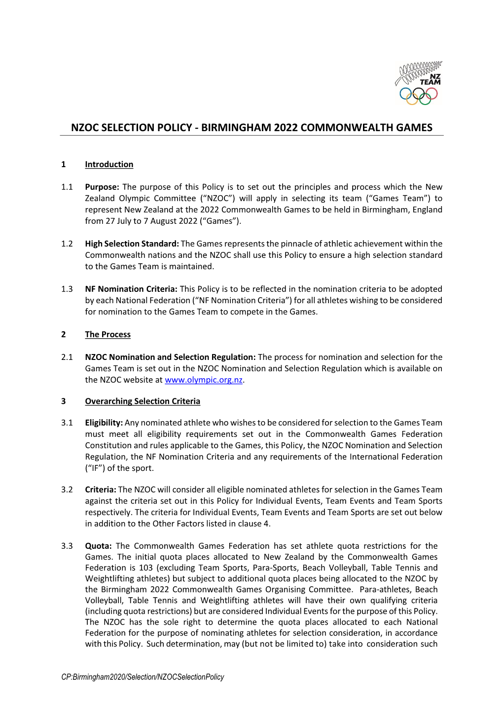 Nzoc Selection Policy - Birmingham 2022 Commonwealth Games