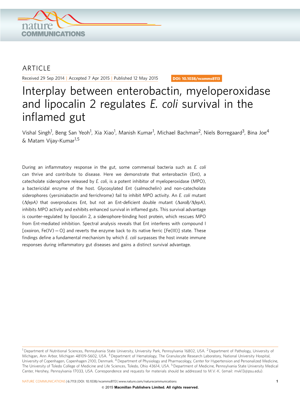 Interplay Between Enterobactin, Myeloperoxidase and Lipocalin 2 Regulates E