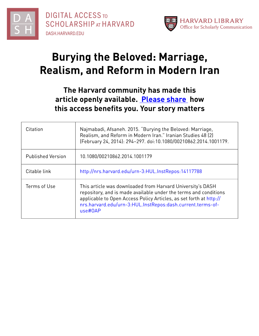 Burying the Beloved: Marriage, Realism, and Reform in Modern Iran