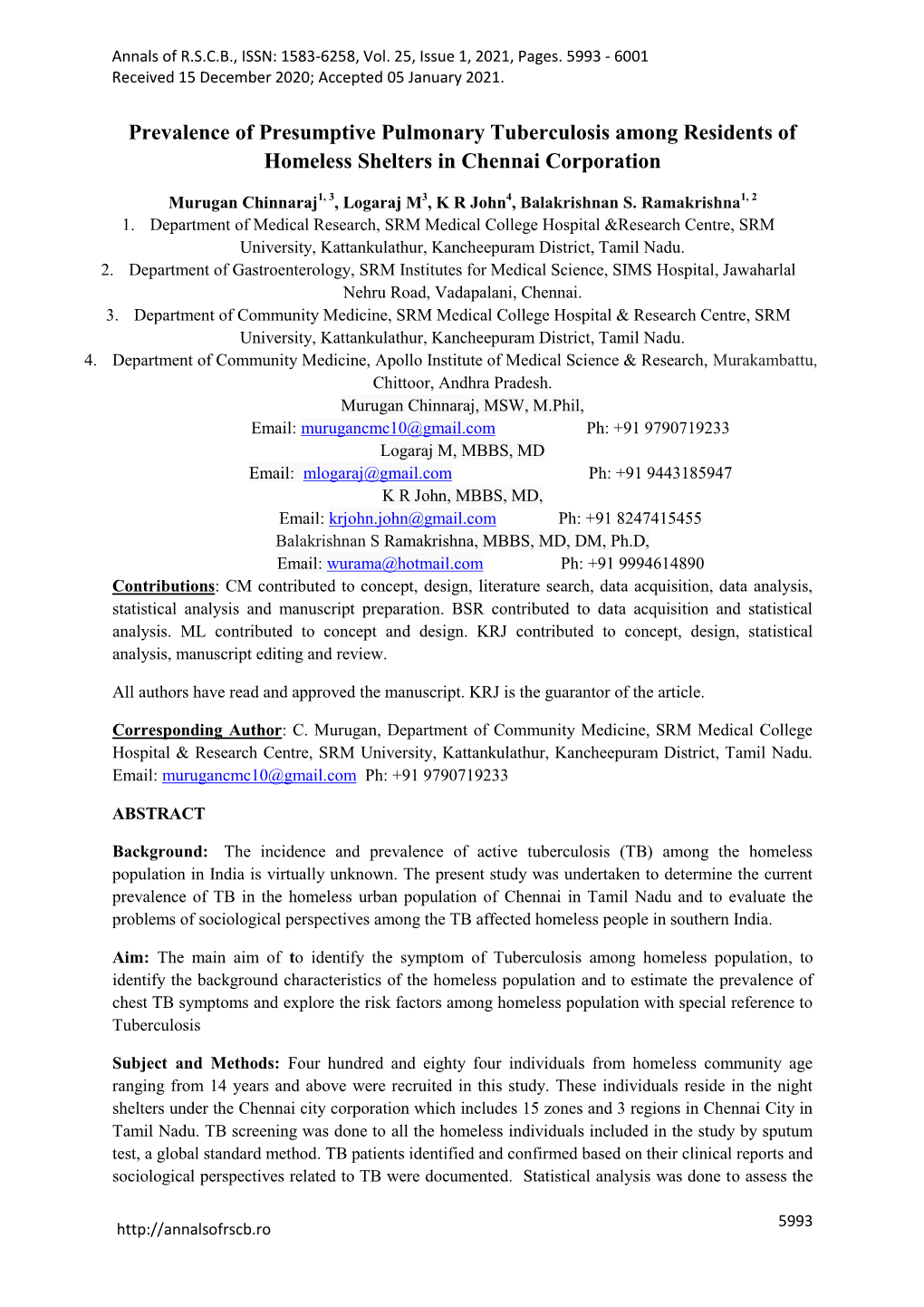 Prevalence of Presumptive Pulmonary Tuberculosis Among Residents of Homeless Shelters in Chennai Corporation