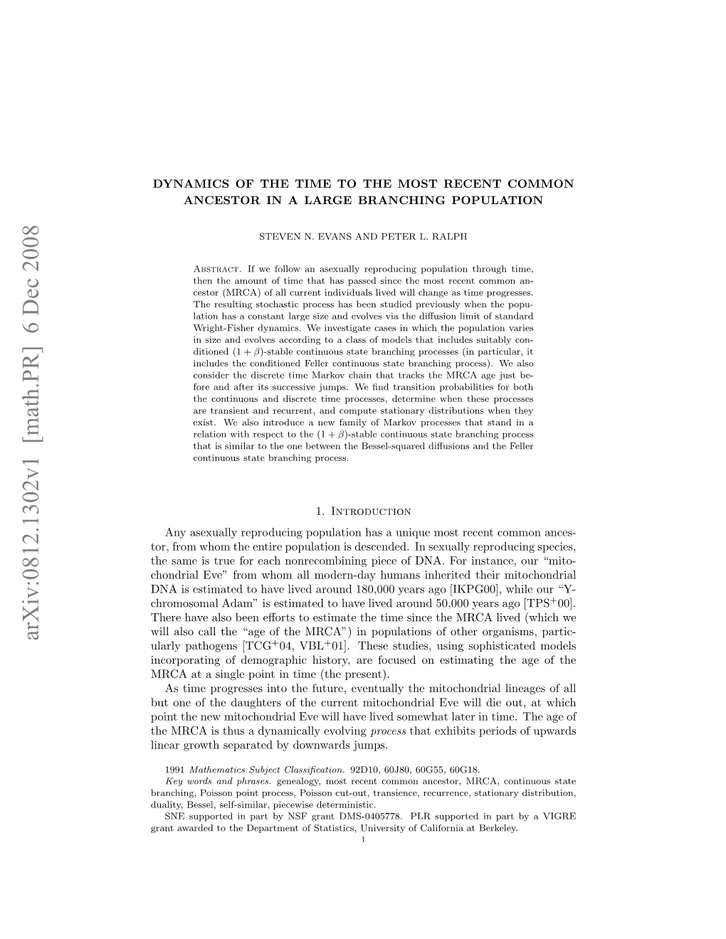 Arxiv:0812.1302V1 [Math.PR] 6 Dec 2008