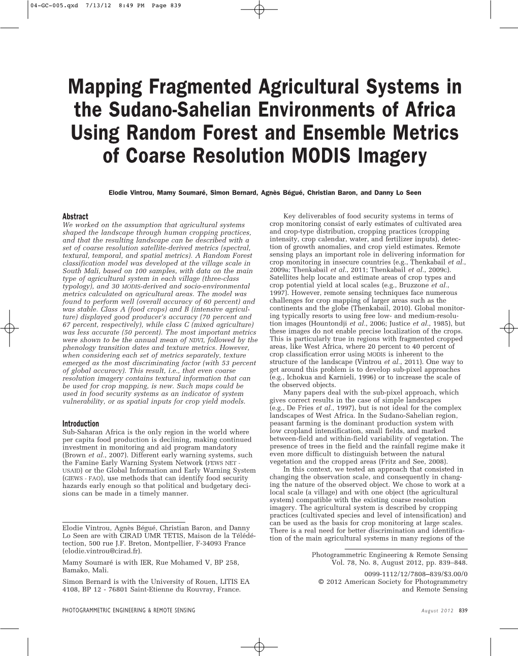 Mapping Fragmented Agricultural Systems in the Sudano-Sahelian Environments of Africa Using Random Forest and Ensemble Metrics of Coarse Resolution MODIS Imagery