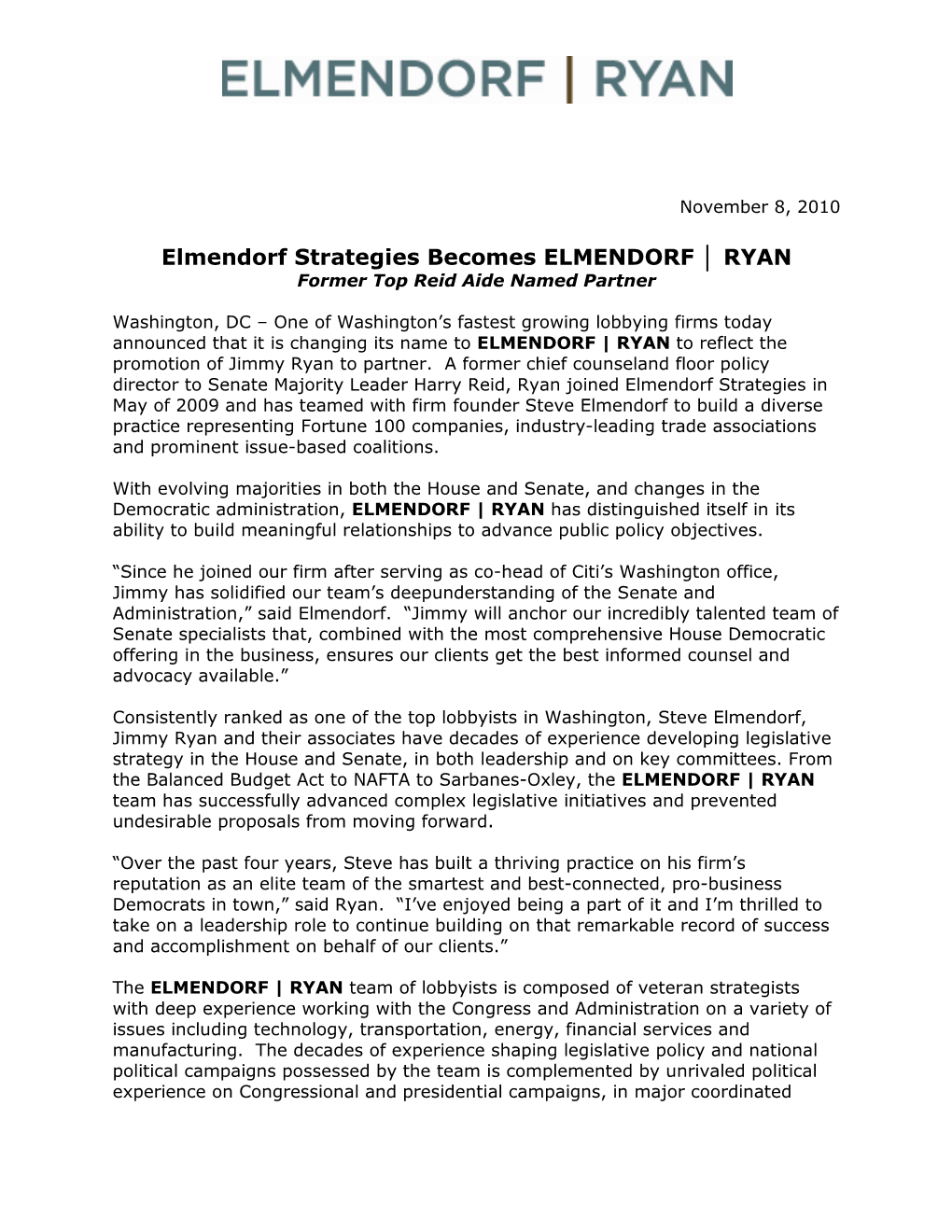 Elmendorf Strategies Becomes ELMENDORF RYAN