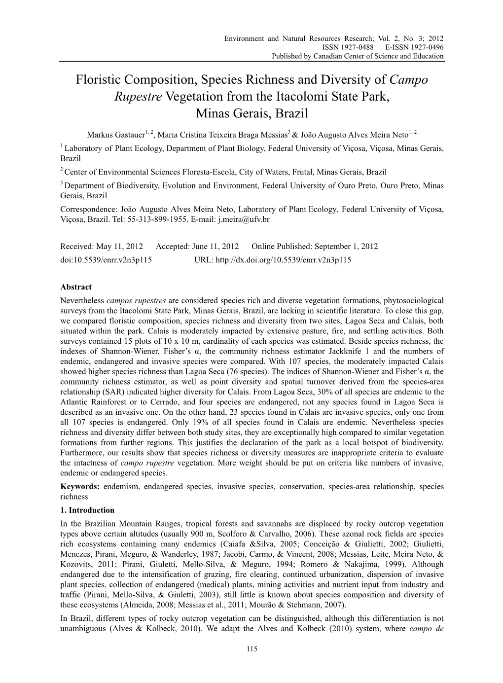 Floristic Composition, Species Richness and Diversity of Campo Rupestre Vegetation from the Itacolomi State Park, Minas Gerais, Brazil