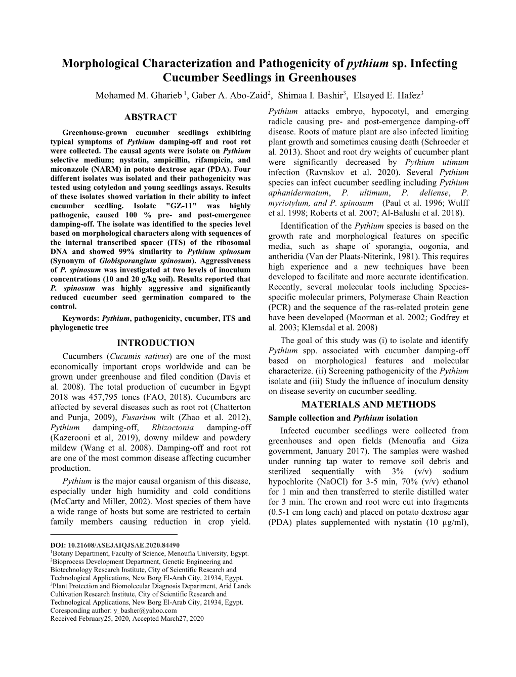 Morphological Characterization and Pathogenicity of Pythium Sp. Infecting Cucumber Seedlings in Greenhouses Mohamed M