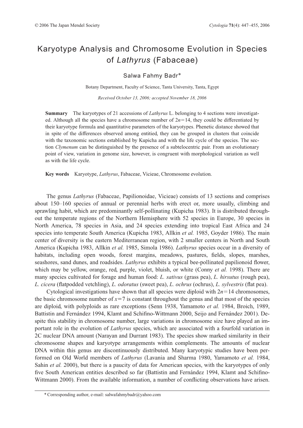 Karyotype Analysis and Chromosome Evolution in Species of Lathyrus (Fabaceae)