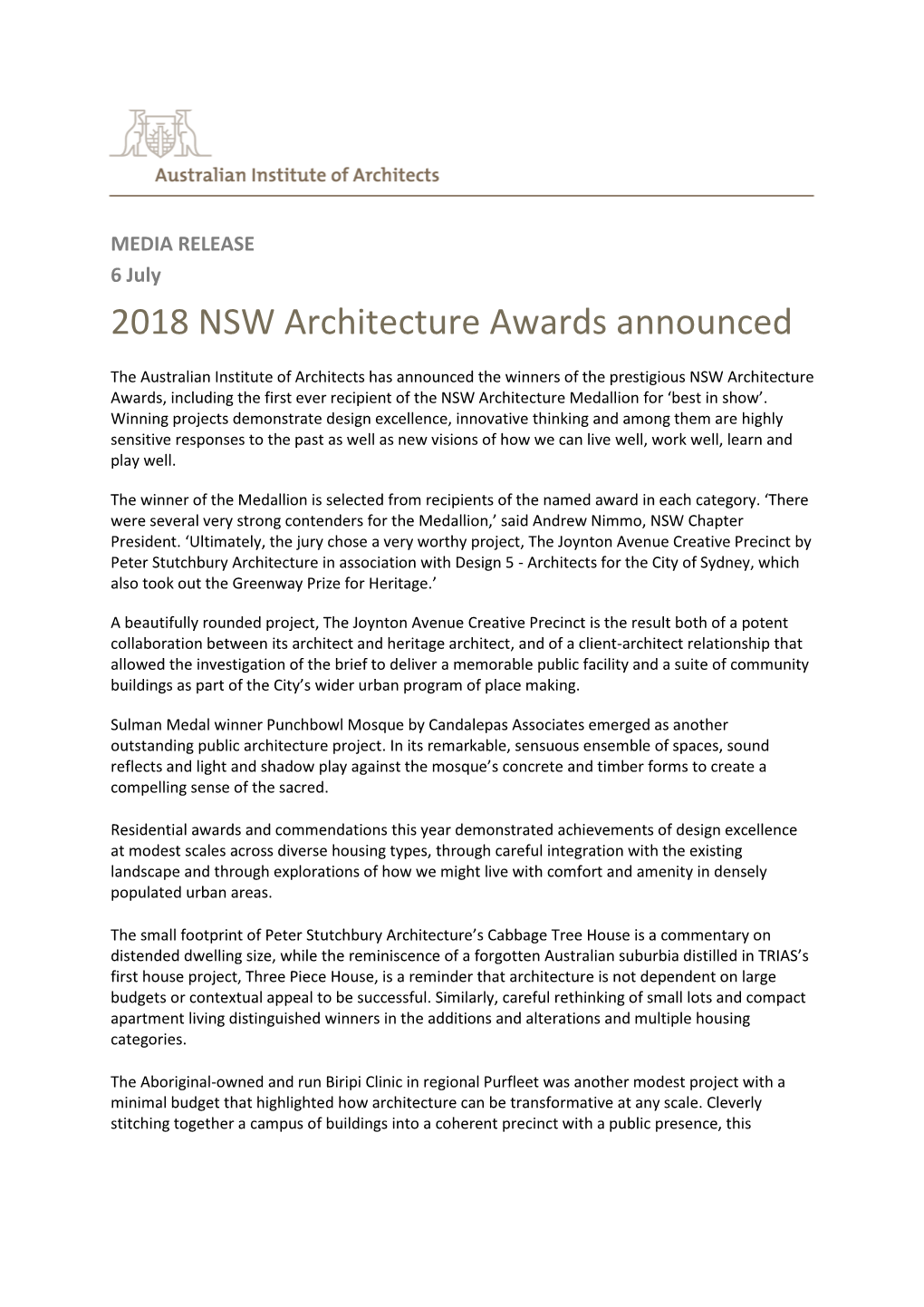 2018 NSW Architecture Awards Announced