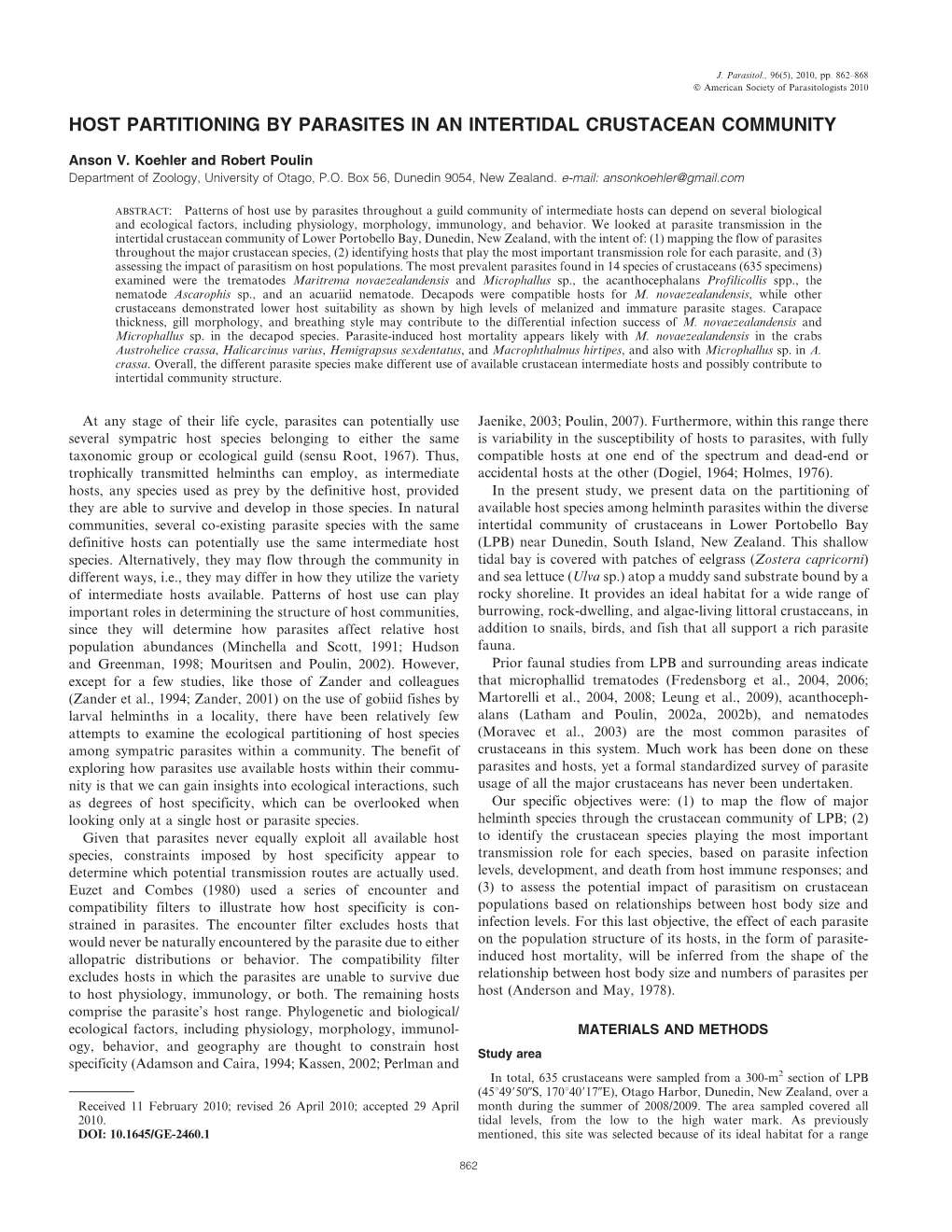 Host Partitioning by Parasites in an Intertidal Crustacean Community