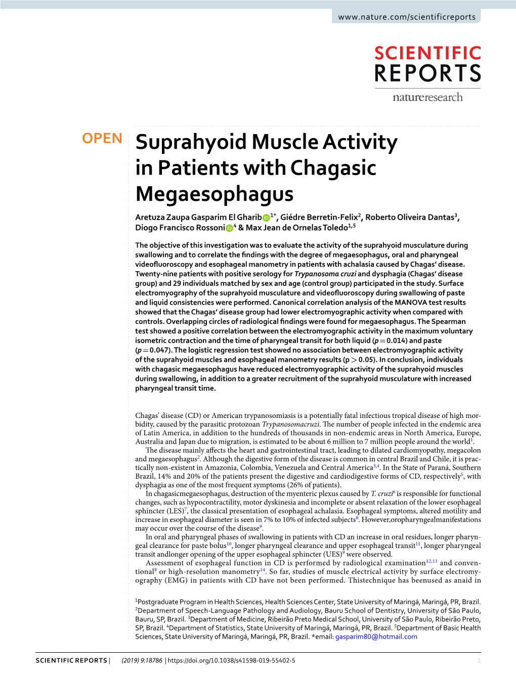 Suprahyoid Muscle Activity in Patients with Chagasic Megaesophagus