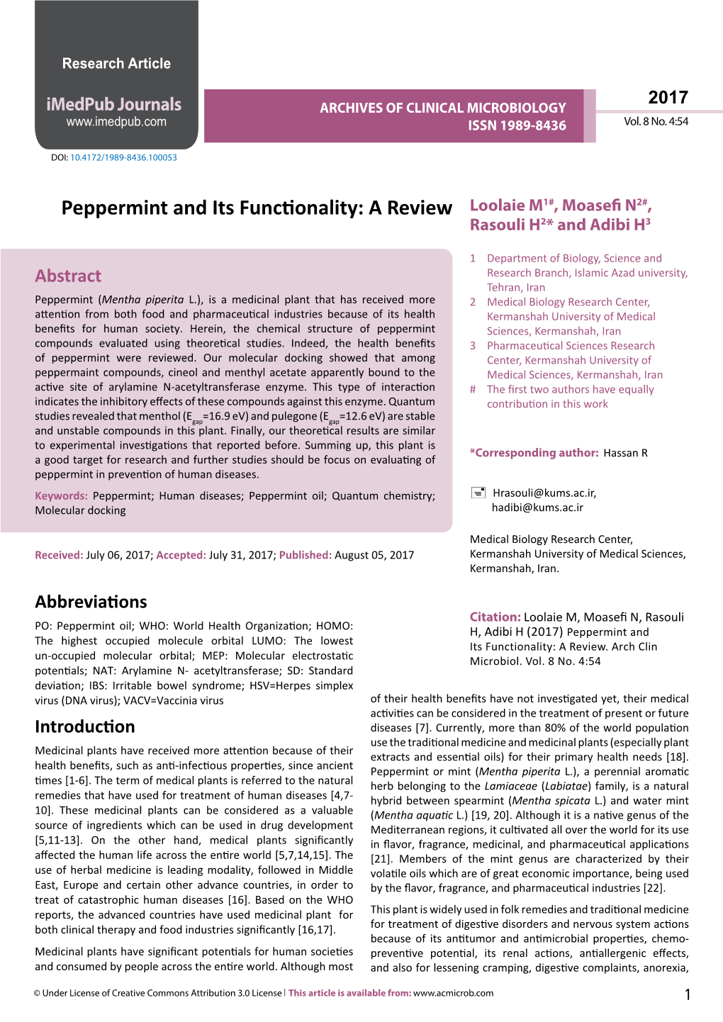 Peppermint and Its Functionality: a Review Loolaie M1#, Moasefi 2#N , Rasouli H2* and Adibi H3