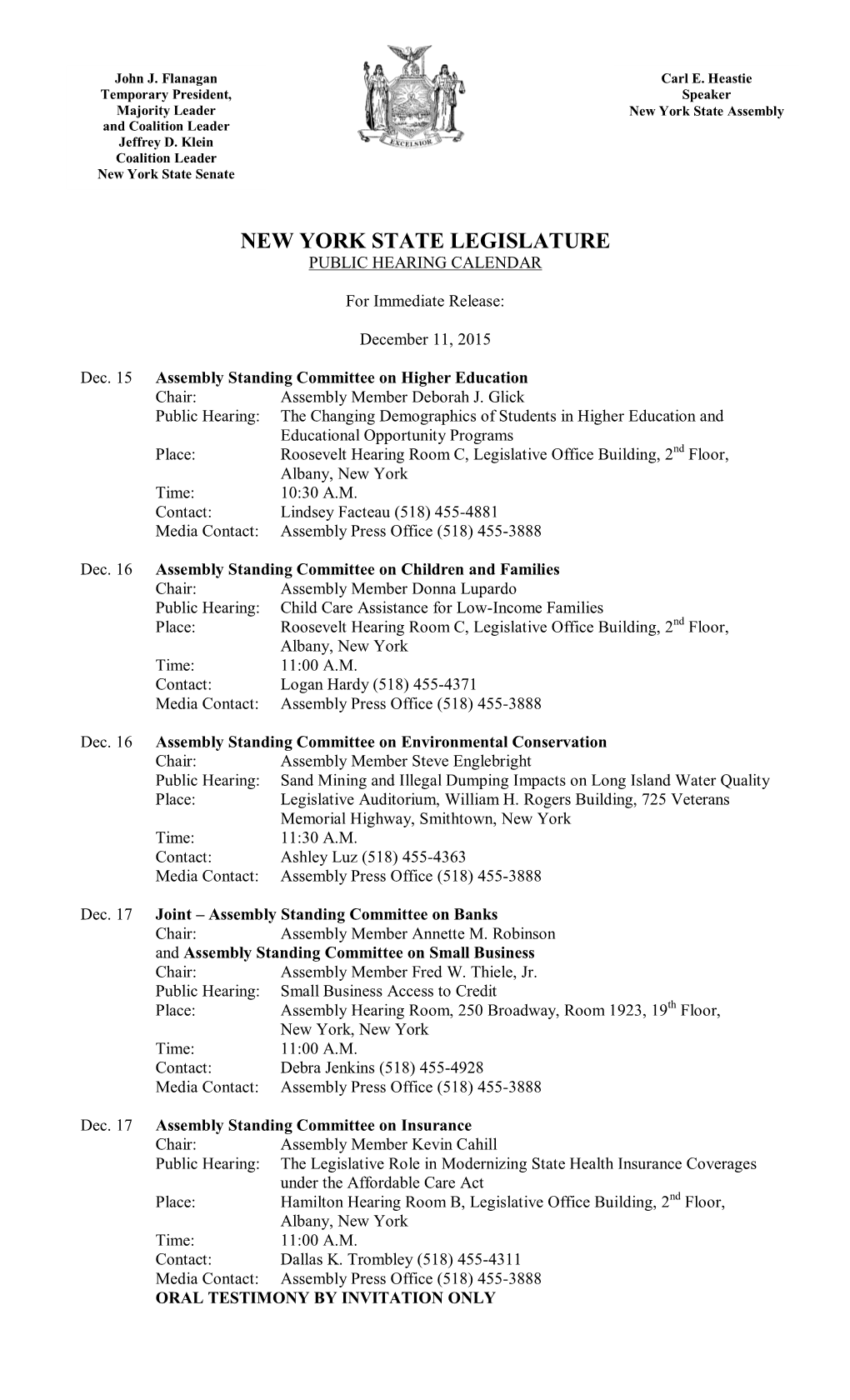 New York State Legislature Public Hearing Calendar