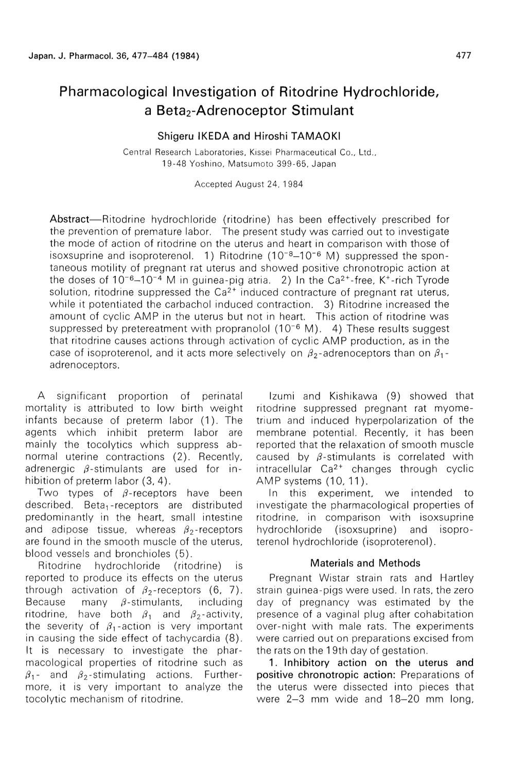 Pharmacological Investigation of Ritodrine Hydrochloride, a Beta2-Adrenoceptor Stimulant