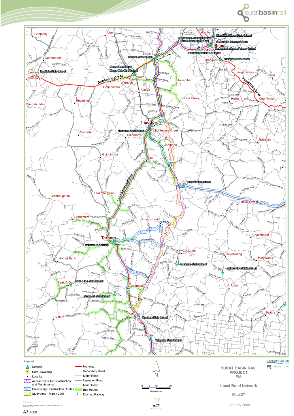 Local Road Network Preliminary Construction Routes Bus Routes Kilometres Study Area - March 2008 Existing Railway Map 27