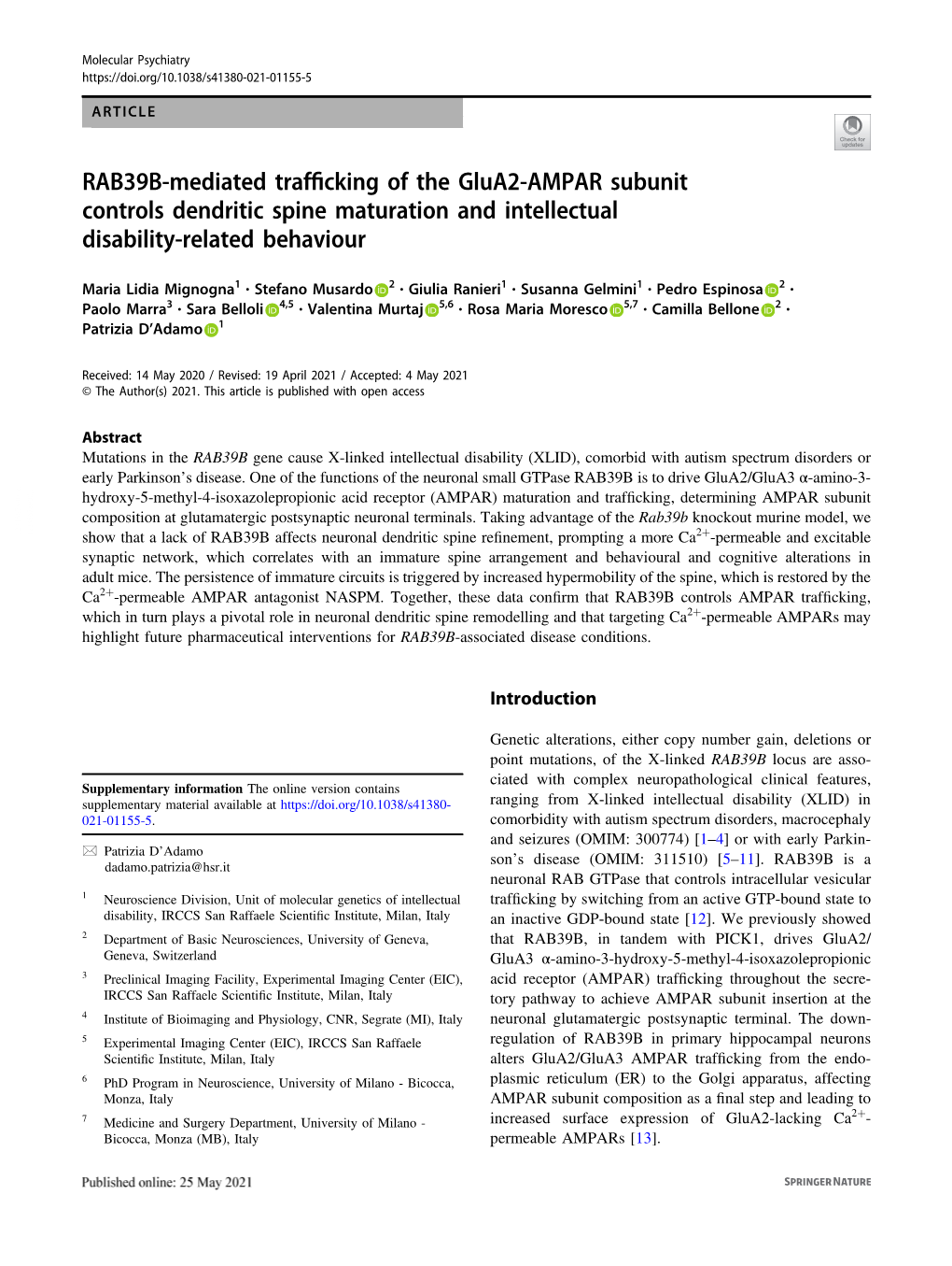 RAB39B-Mediated Trafficking of the Glua2-AMPAR Subunit Controls