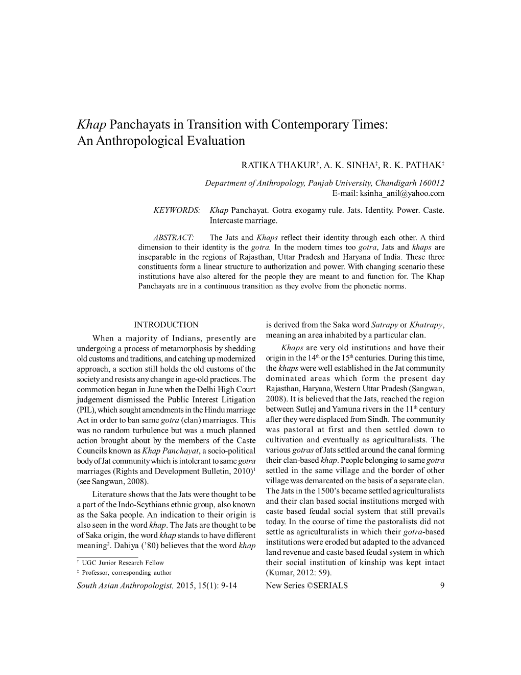 Khap Panchayats in Transition with Contemporary Times: an Anthropological Evaluation